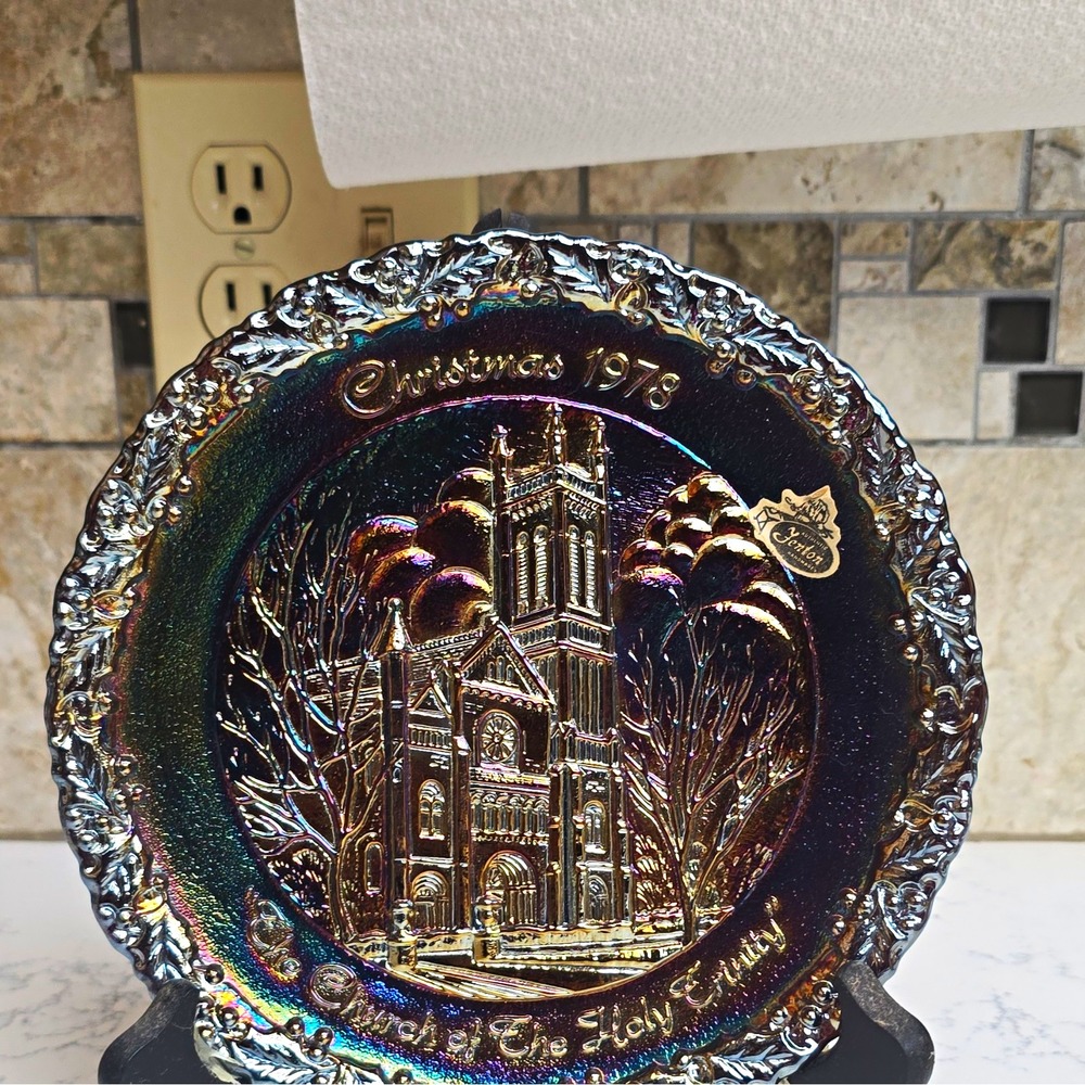 Fenton Christmas 1978 Iridescent Black Carnival Glass Church Plate Ltd Ed